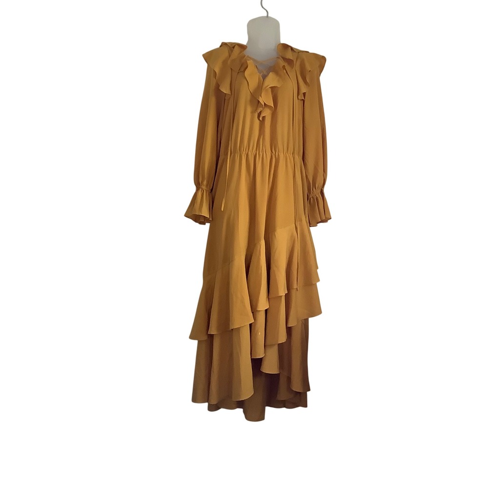 Eloquii Mustard Yellow Ruffle Lace Up High Low Maxi Dress Womens Size 14 Boho - Picture 4 of 16